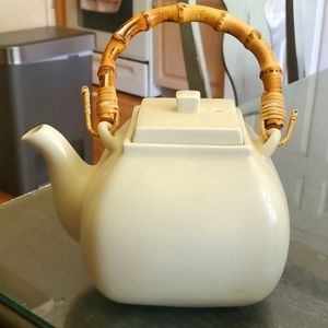 Pottery Barn Asian Square rattan handle ivory Teapot